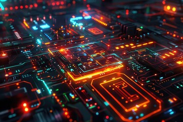 A detailed view of a circuit board illuminated by bright neon lights, suitable for tech-related projects or designs