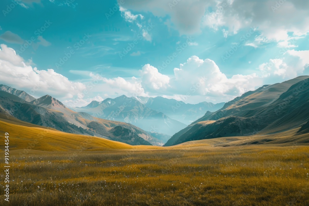 Aufkleber a serene scene of a lush green grassy field stretching out towards the backdrop of majestic mountain