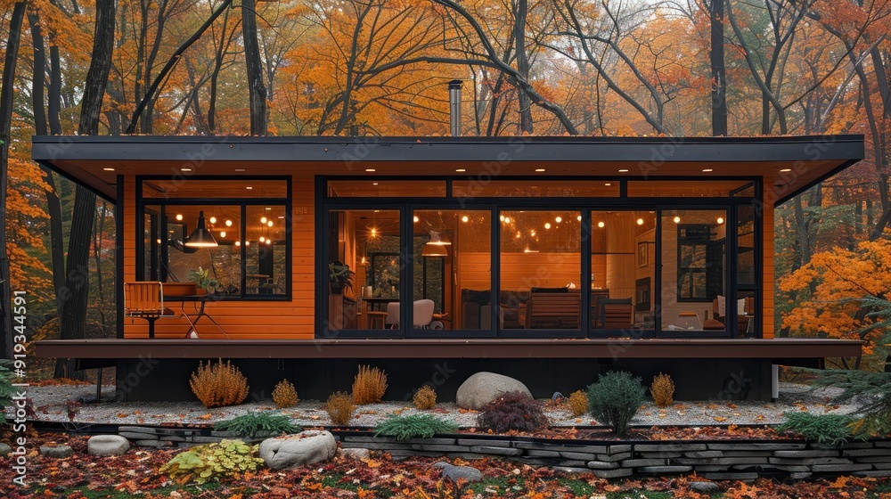 Canvas Prints modern cabin in autumnal forest