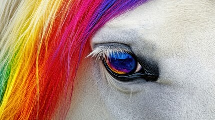 Vibrant rainbow mane framing the blue eye of white horse
