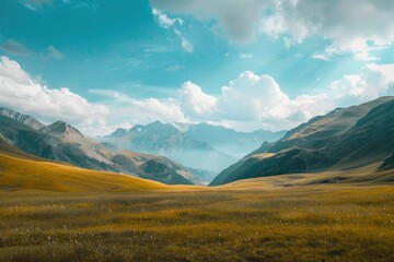 Fototapeta premium A serene scene of a lush green grassy field stretching out towards the backdrop of majestic mountains