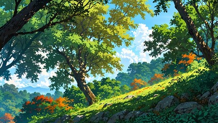 Fototapeta premium A Vivid Photograph of Sun-Dappled Forest Canopy and Lush Foliage Anime Background