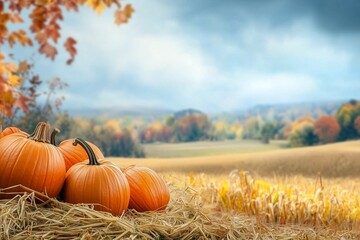 A pumpkin set against the background of nature. A farm product. Harvest festival. Harvesting. Halloween celebration, Samhain. Rural decor