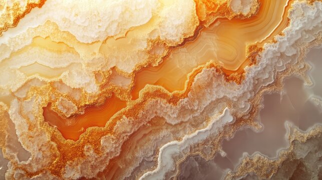 Natural volcanic agate stones close up with light orange, apricot crush and gold texture. Wallpaper background, quartz marble, decorative rock. Ai generation