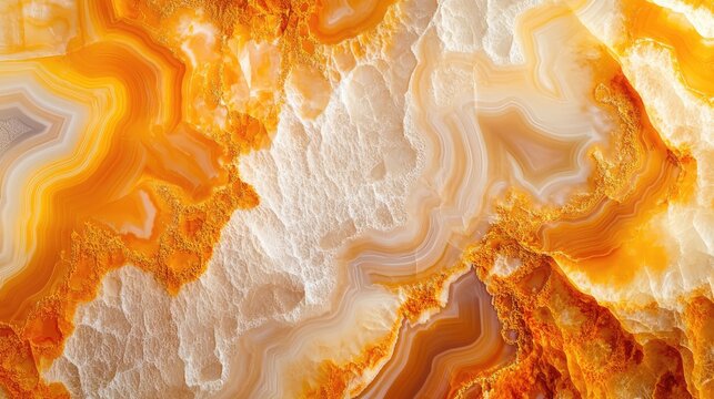 Natural volcanic agate stones close up with light orange, apricot crush and gold texture. Wallpaper background, quartz marble, decorative rock. Ai generation