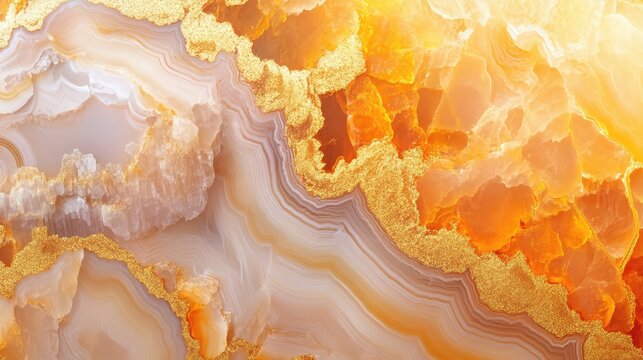 Natural volcanic agate stones close up with light orange, apricot crush and gold texture. Wallpaper background, quartz marble, decorative rock. Ai generation