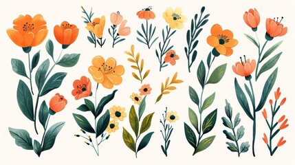 Collection of detailed spring flower elements with bright colors and delicate foliage, ideal for Easter