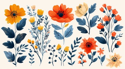 Obraz premium Collection of detailed spring flower elements with bright colors and delicate foliage, ideal for Easter