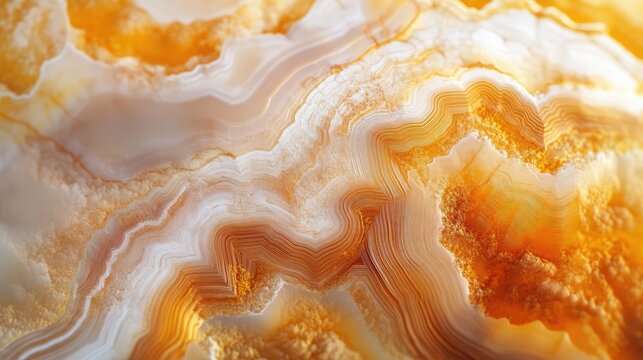 Natural volcanic agate stones close up with light orange, apricot crush and gold texture. Wallpaper background, quartz marble, decorative rock. Ai generation