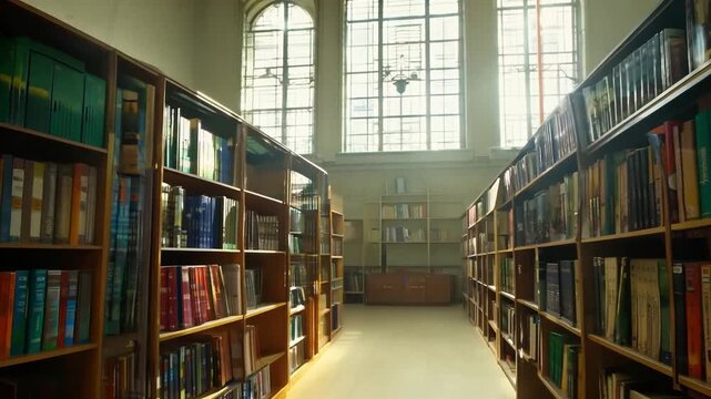 Static shot of library bookshelves with sunlight coming in from windows,
