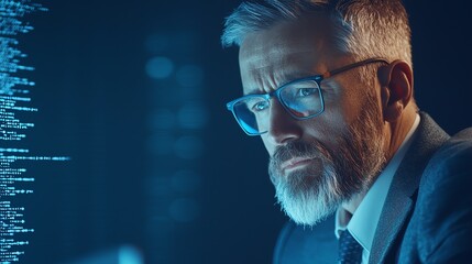 Focused businessman with glasses analyzing data on a computer screen in a modern office environment.