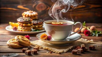 Fototapeta premium Steaming hot cup of tea with a tagged tea bag suspended above, surrounded by a delicate china saucer and a sprinkle of sweet treats nearby.