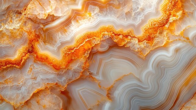 Natural volcanic agate stones close up with light orange, apricot crush and gold texture. Wallpaper background, quartz marble, decorative rock. Ai generation