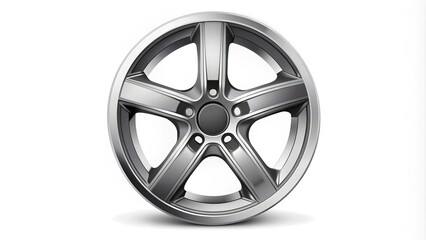 Stylish modern car wheel rim icon in a vector illustration format, featuring sleek silver design elements and bold black lines on a white background.