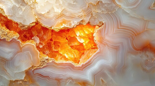 Natural volcanic agate stones close up with light orange, apricot crush and gold texture. Wallpaper background, quartz marble, decorative rock. Ai generation