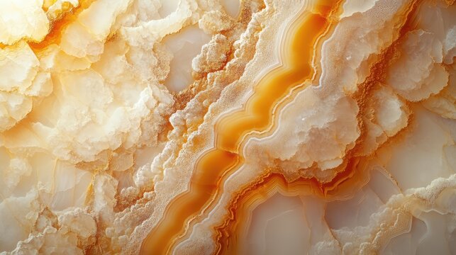 Natural volcanic agate stones close up with light orange, apricot crush and gold texture. Wallpaper background, quartz marble, decorative rock. Ai generation