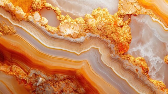 Natural volcanic agate stones close up with light orange, apricot crush and gold texture. Wallpaper background, quartz marble, decorative rock. Ai generation