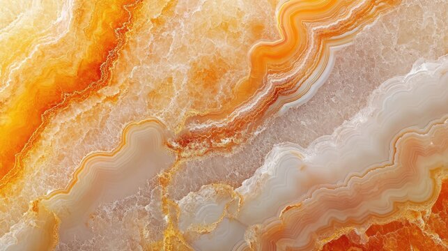 Natural volcanic agate stones close up with light orange, apricot crush and gold texture. Wallpaper background, quartz marble, decorative rock. Ai generation
