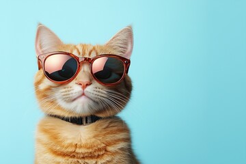 Closeup of a funny ginger cat wearing sunglasses isolated on light blue