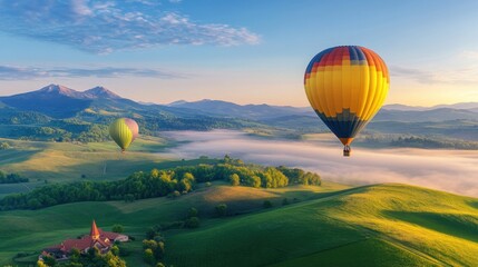 Naklejka premium Hot air balloons drifting over a serene countryside at dawn, with fog gently rolling over the fields