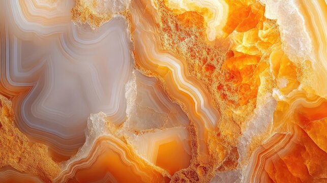 Natural volcanic agate stones close up with light orange, apricot crush and gold texture. Wallpaper background, quartz marble, decorative rock. Ai generation