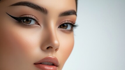 Fototapeta premium Close-up of a woman's eye with black eyeliner and full lips.