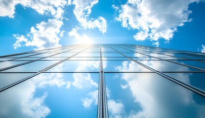 Fototapeta premium Modern skyscraper with a silver metal facade, towering into the sky, sunlight reflecting off its surface, with blue skies and white clouds in the background.