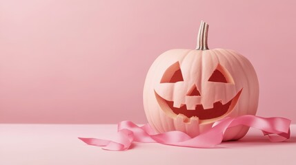 Cheerful pink halloween pumpkin on pastel background