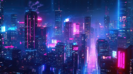 Obraz premium Big city night scene in cyberpunk style, futuristic nostalgia 80s, 90s. Neon lights vivid colors, photorealistic horizontal illustration. Ai generation