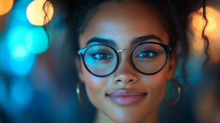 Fototapeta premium Confident in the City Lights: A young black woman with a captivating gaze and stylish glasses embraces the vibrant energy of the city at night. 