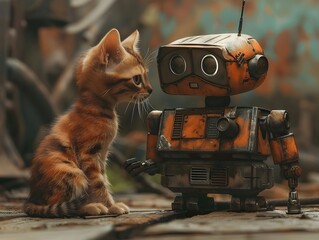 A curious cat interacts with a vintage robot in a rustic workshop during the afternoon