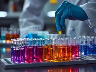 Scientist in a lab adding reagent to colorful test tubes during an experiment