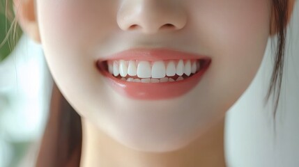 Fototapeta premium Close-up of a woman's smile with bright white teeth and pink lips.