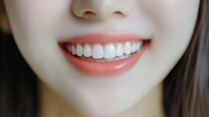 Close-up of a woman's smiling mouth with pink lips and white teeth.
