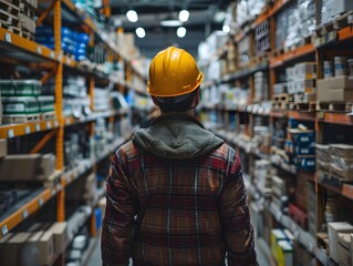 Warehouse worker in a hard hat navigating through aisles of building materials in a large store during the day
