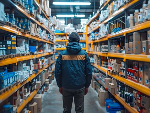 Person standing in a well-organized warehouse aisle filled with various products during the day