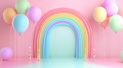 Rainbow and colorful balloons. Birthday party 3d background. Mockup, template for greeting card. Ai generation