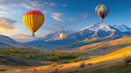 Fototapeta premium Hot air balloons soaring above a rugged mountain range at sunset, with the peaks glowing in the last light of day