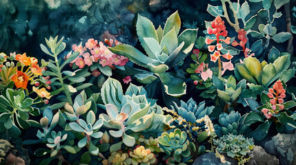 Detailed watercolor of a succulent garden, blooming kalanchoe, haworthia, stonecrop, warm afternoon glow ,Ultra-High Detail, Ultra-Realistic
