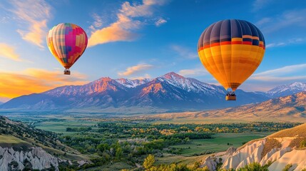 Fototapeta premium Hot air balloons soaring above a rugged mountain range at sunset, with the peaks glowing in the last light of day