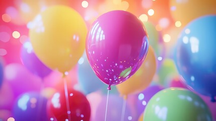 Rainbow and colorful balloons. Birthday party 3d background. Mockup, template for greeting card. Ai generation
