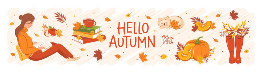 Hello, autumn. Set of vector cute illustrations of leaves, pumpkin, girl reading book, cat, maple leaf, objects. Vector illustration for greeting card or banner.