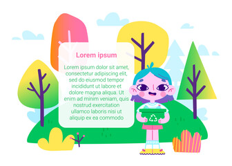 Fototapeta premium Cartoon eco template for kids. Abstract ecological banner about recycling with cute child.