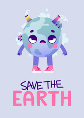 Earth co2 pollution problem poster. Cute earth planet with factories and smog. Eco problem banner.