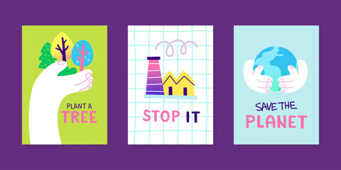 Eco poster set. Vector cartoon banner collection about environmental problem. Abstract ecological posters.