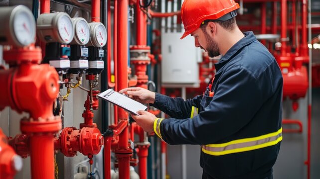 Generate a photo realistic image of inspectors testing fire safety equipment such as alarms, sprinkler systems, and fire hoses; ensure the image is of high resolution for clear and detailed quality
