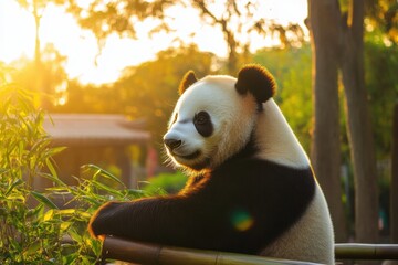 Serene panda in golden-hour light at peaceful sanctuary