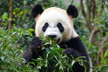 Obraz premium Majestic Giant Panda Enjoying Bamboo in Lush