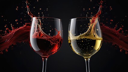 Two glasses of red and white wine collide in a dance