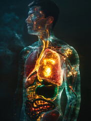 Colorful depiction of human body with highlighted organs